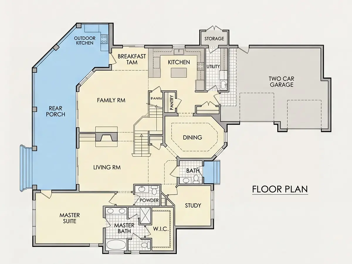 Parter 28 – Proiect de casa cu etaj 390 m²: 4 Dormitoare, Birou, 5 Bai, Bucatarie deschisa, Garaj — 20933R