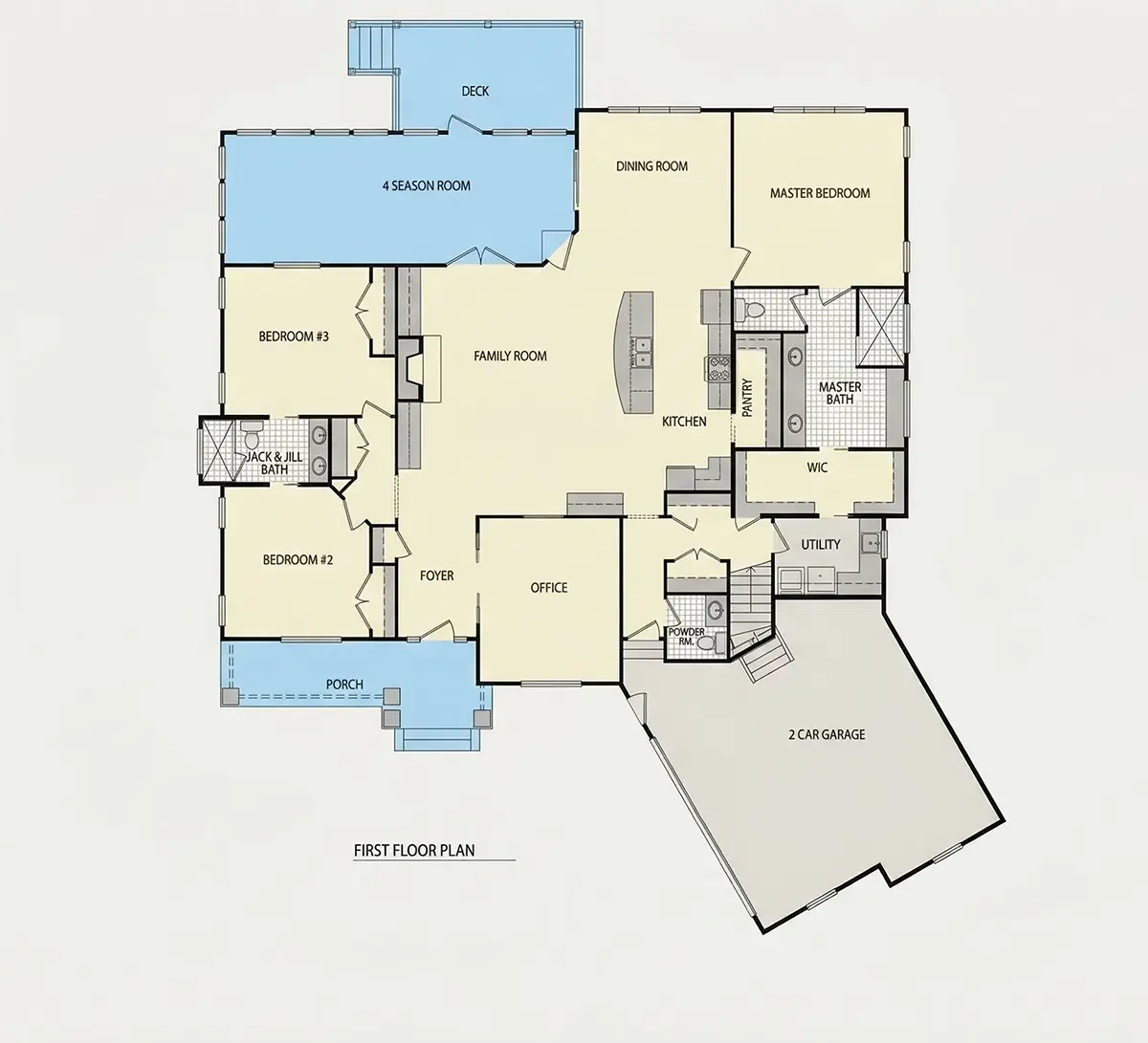 Parter 25 – Proiect de casa parter cu mansardă 351 m²: 3 Dormitoare, Birou, 4 Bai, Bucatarie deschisa, Garaj — 29718R