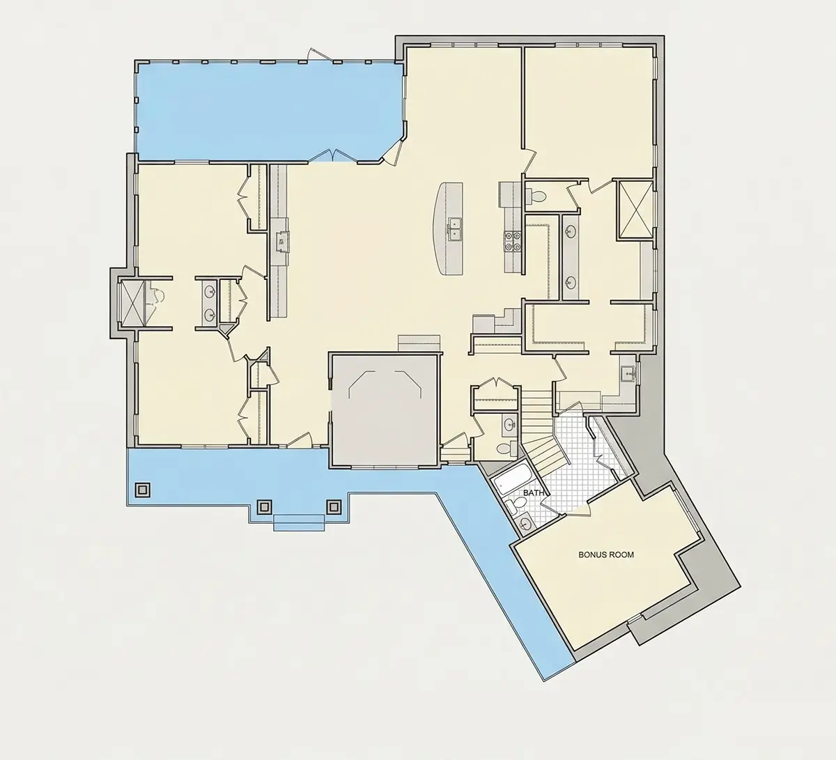 Etaj 1 26 – Proiect de casa parter cu mansardă 351 m²: 3 Dormitoare, Birou, 4 Bai, Bucatarie deschisa, Garaj — 29718R