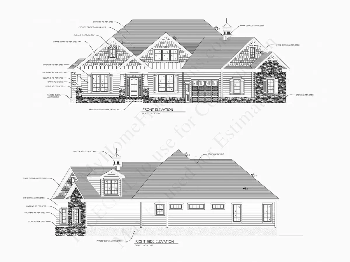 Fațade 23 – Proiect de casa parter cu mansardă 351 m²: 3 Dormitoare, Birou, 4 Bai, Bucatarie deschisa, Garaj — 29718R
