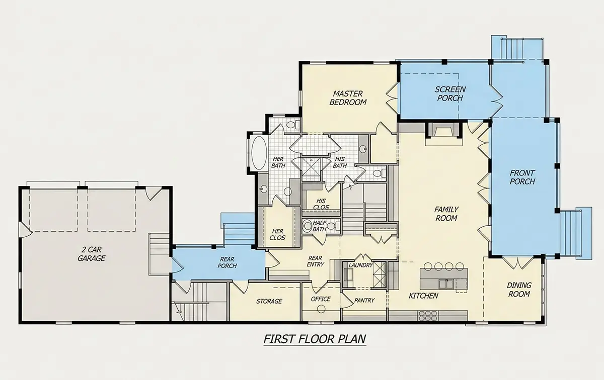 Parter 11 – Proiect de casa cu etaj 466 m²: 4 Dormitoare, Birou, 6 Bai, Bucatarie deschisa, Garaj — 10656R
