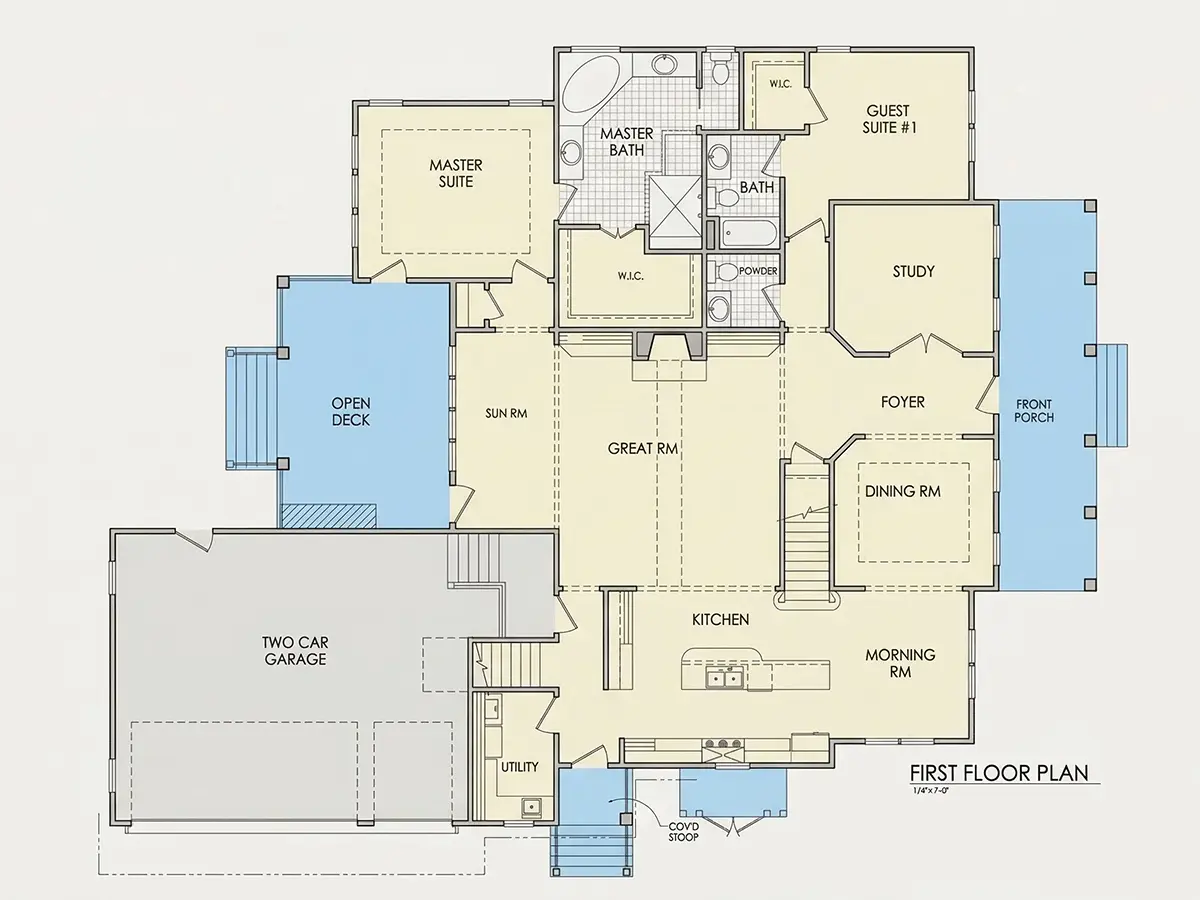 Parter 10 – Proiect de casa parter cu mansardă 299 m²: 4 Dormitoare, Birou, 4 Bai, Bucatarie deschisa, Garaj — 28129R