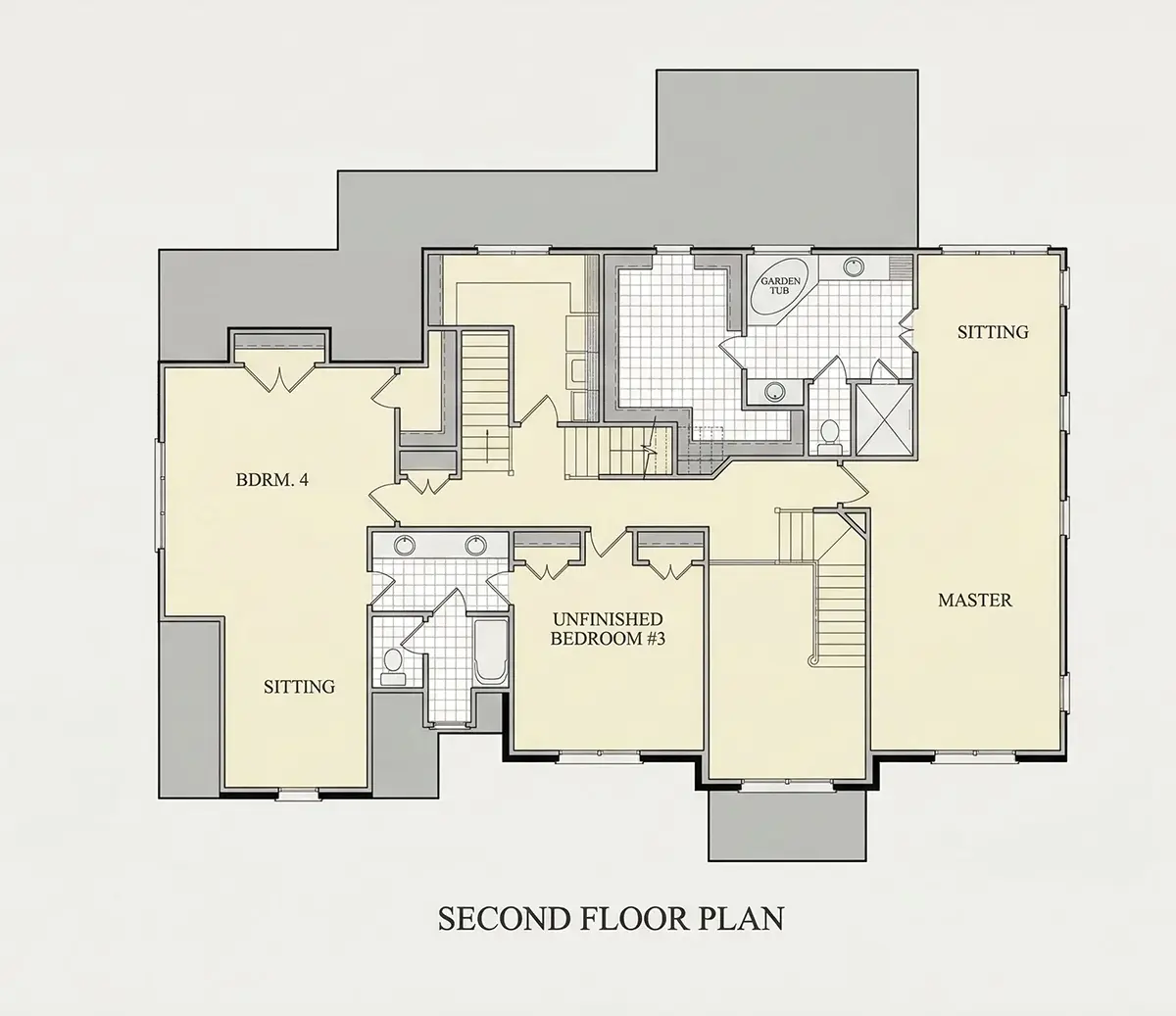 Etaj 1 30 – Proiect de casa cu etaj 234 m²: 4 Dormitoare, Birou, 3 Bai, Bucatarie deschisa, Garaj — 20216R