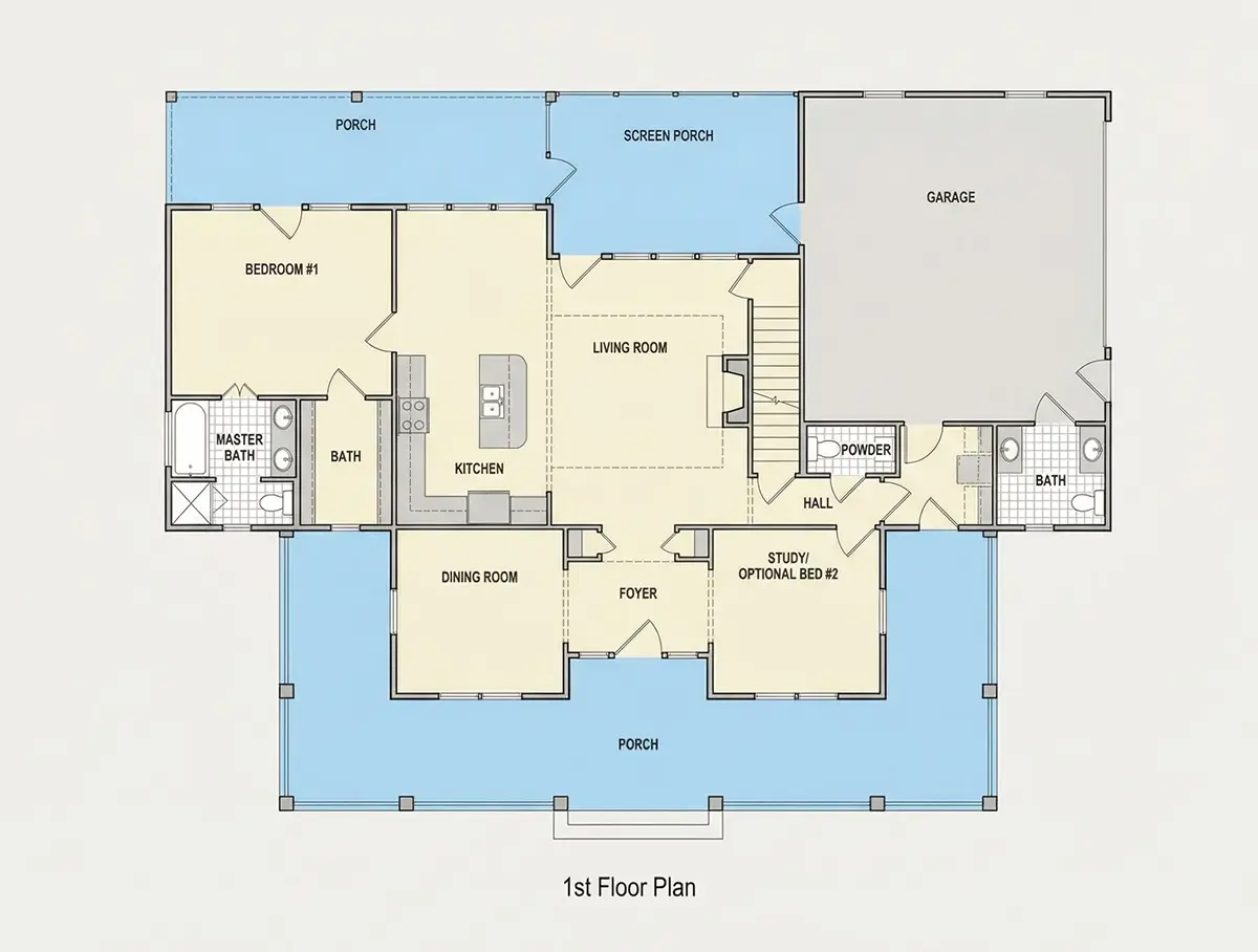 Parter 9 – Proiect de casa cu etaj 184 m²: 3 Dormitoare, Birou, 4 Bai, Bucatarie deschisa, Garaj — 71974R