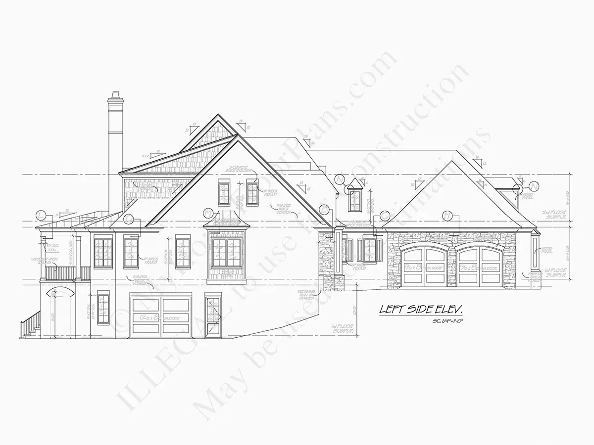 Fațade 6 – Proiect de casa parter cu mansardă + demisol 422 m²: 3 Dormitoare, Birou, 5 Bai, Bucatarie deschisa, Garaj — 77707R