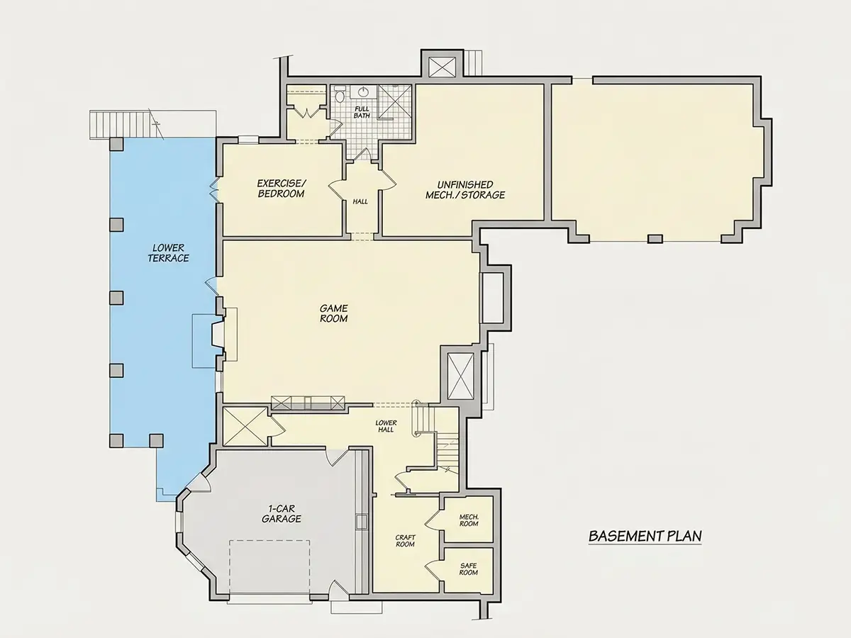 Subsol 9 – Proiect de casa parter cu mansardă + demisol 422 m²: 3 Dormitoare, Birou, 5 Bai, Bucatarie deschisa, Garaj — 77707R