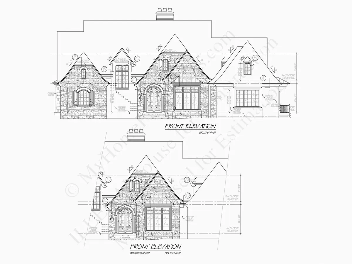 Fațade 5 – Proiect de casa parter cu mansardă + demisol 422 m²: 3 Dormitoare, Birou, 5 Bai, Bucatarie deschisa, Garaj — 77707R