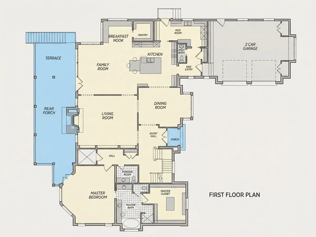 Parter 10 – Proiect de casa parter cu mansardă + demisol 422 m²: 3 Dormitoare, Birou, 5 Bai, Bucatarie deschisa, Garaj — 77707R