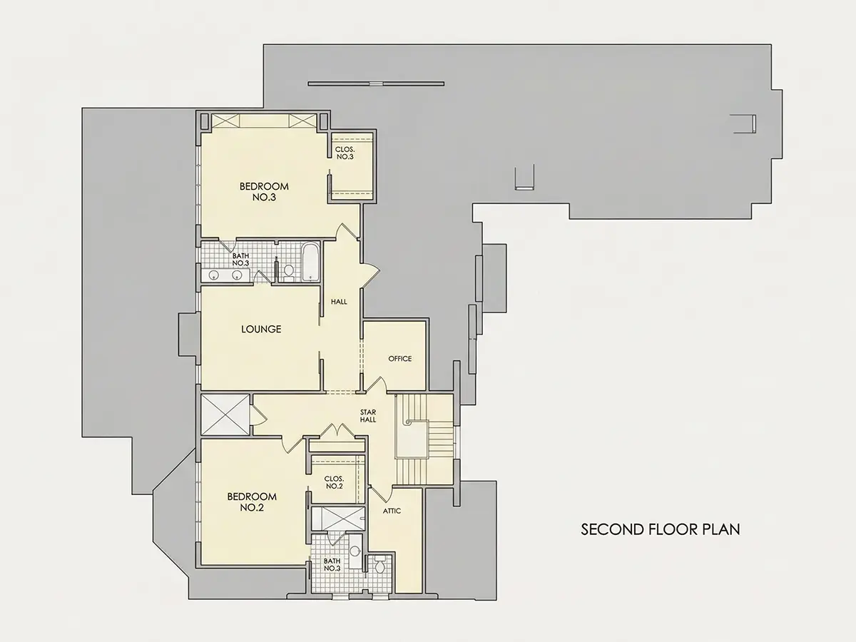 Etaj 1 11 – Proiect de casa parter cu mansardă + demisol 422 m²: 3 Dormitoare, Birou, 5 Bai, Bucatarie deschisa, Garaj — 77707R