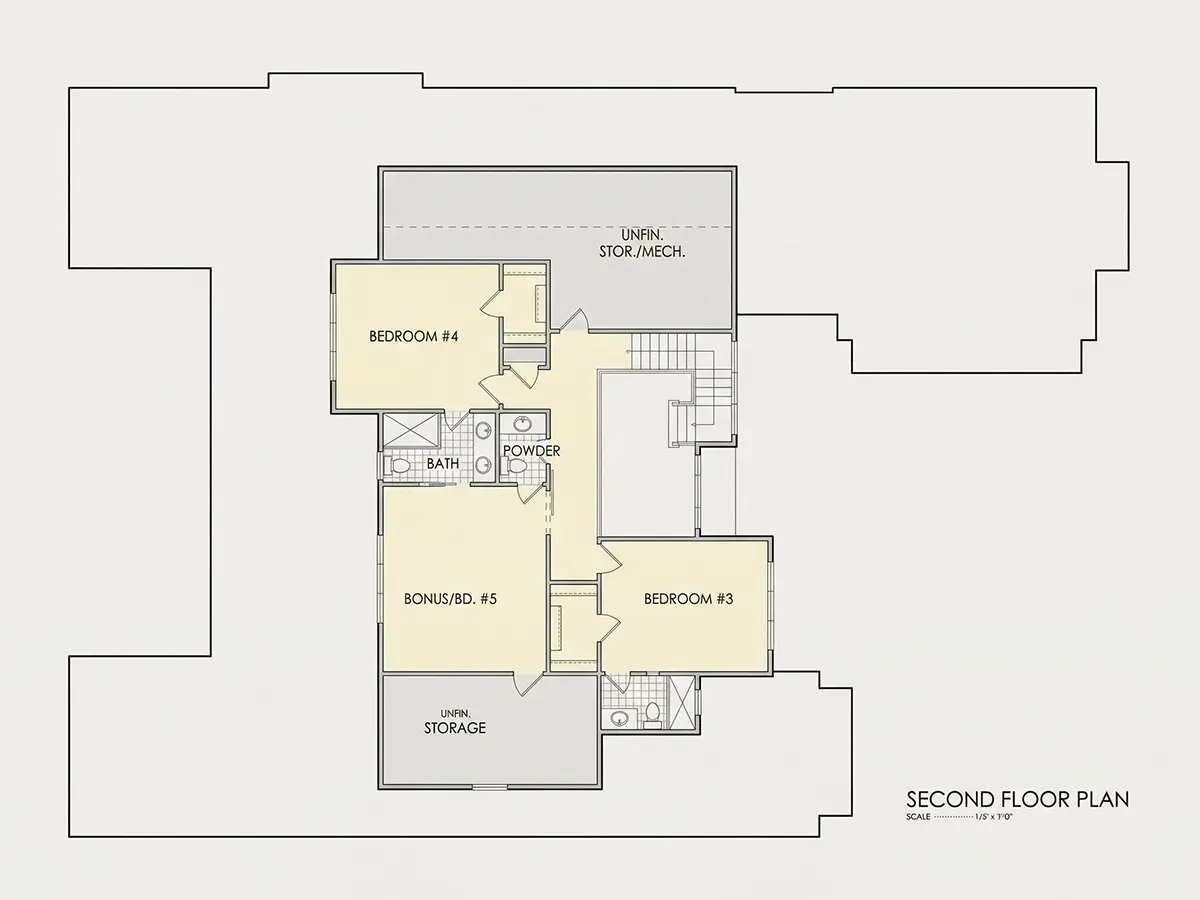 Etaj 1 24 – Proiect de casa parter cu mansardă 399 m²: 5 Dormitoare, Birou, 7 Bai, Bucatarie deschisa, Garaj — 33241R