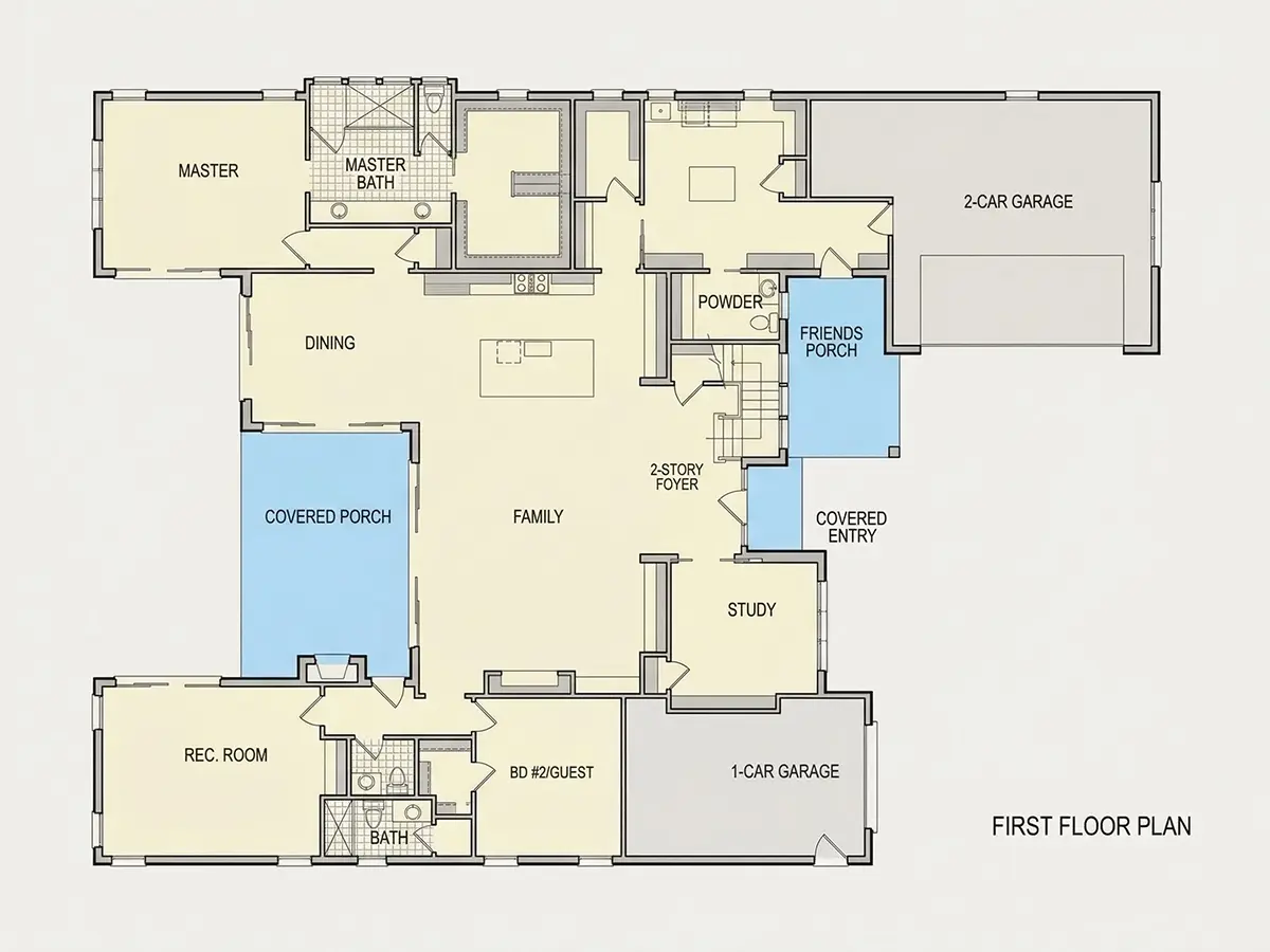 Parter 23 – Proiect de casa parter cu mansardă 399 m²: 5 Dormitoare, Birou, 7 Bai, Bucatarie deschisa, Garaj — 33241R