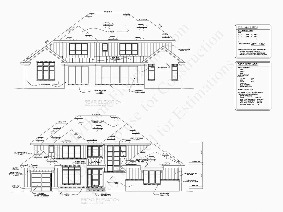 Fațade 21 – Proiect de casa parter cu mansardă 399 m²: 5 Dormitoare, Birou, 7 Bai, Bucatarie deschisa, Garaj — 33241R