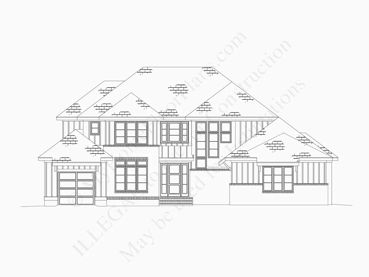 Fațade 20 – Proiect de casa parter cu mansardă 399 m²: 5 Dormitoare, Birou, 7 Bai, Bucatarie deschisa, Garaj — 33241R