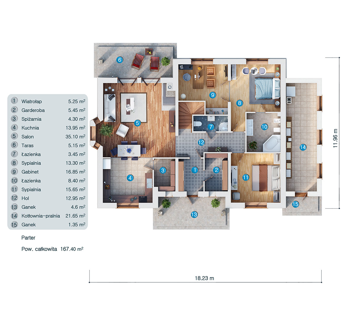 Proiect de casa cu mansarda 268 m² cu cinema acasa, 2 dormitoare si birou