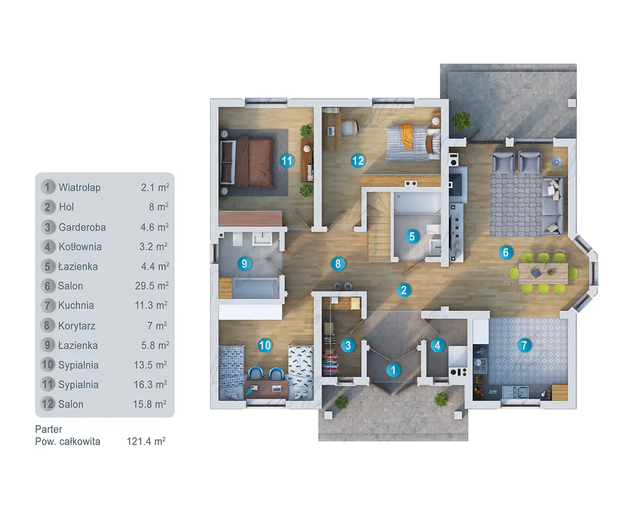 Proiect de casa parter cu mansardă 164 m²: 4 Dormitoare, Birou, 3 Bai, Bucatarie deschisa, fara Garaj