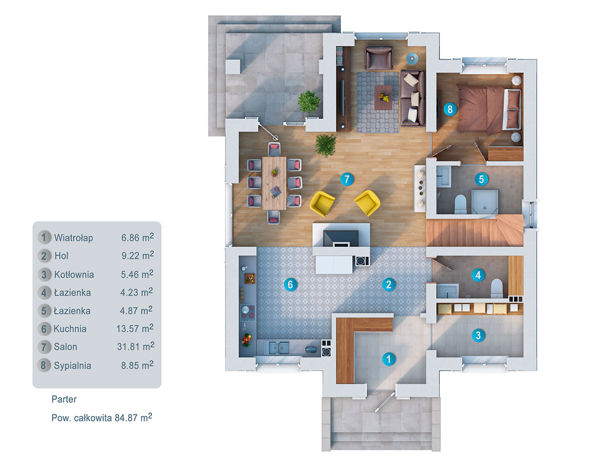 Proiect de casa parter cu mansardă 170 m²: 4 Dormitoare, 4 Bai, Bucatarie deschisa, fara Garaj