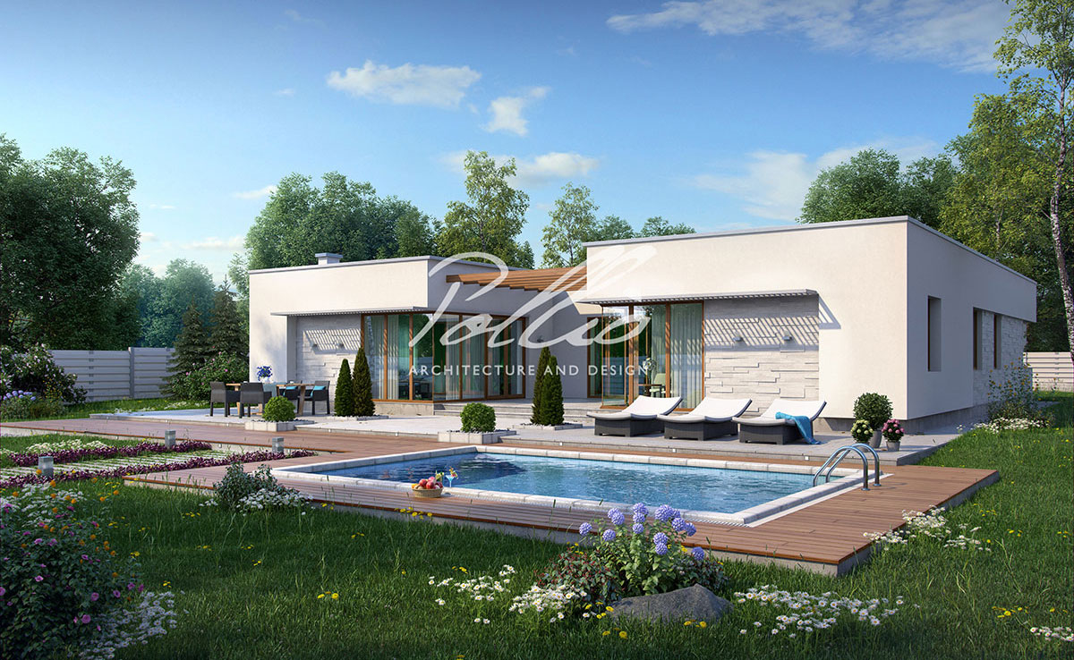 Proiect de casa parter 233 m²: 3 Dormitoare, Birou, 3 Bai, Bucatarie deschisa, Garaj