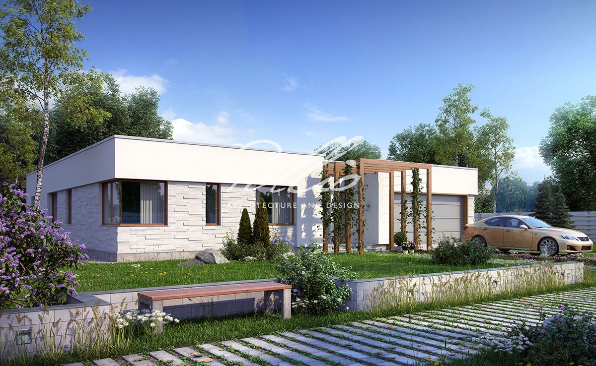Proiect de casa parter 233 m²: 3 Dormitoare, Birou, 3 Bai, Bucatarie deschisa, Garaj