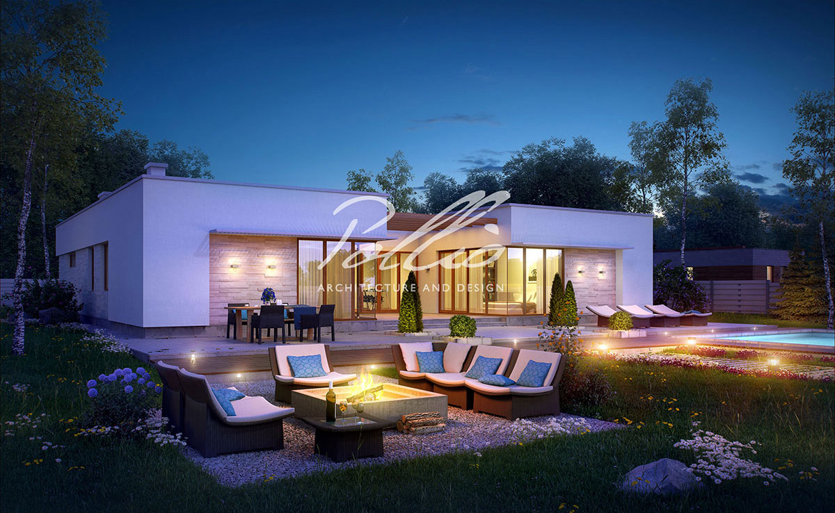 Proiect de casa parter 233 m²: 3 Dormitoare, Birou, 3 Bai, Bucatarie deschisa, Garaj