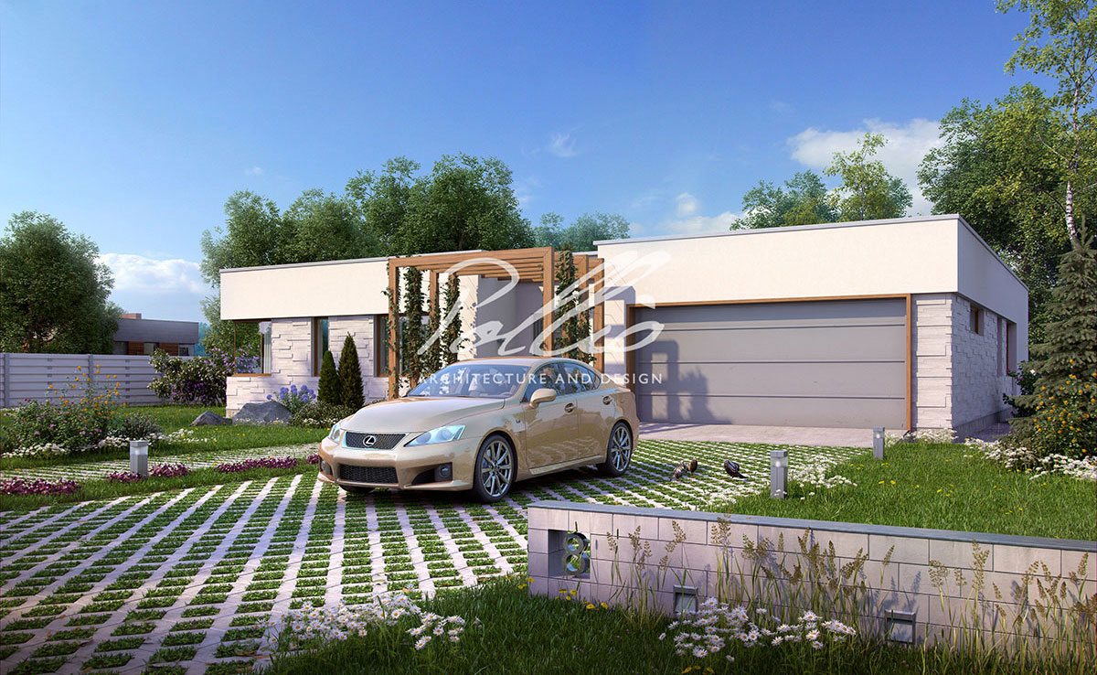 Proiect de casa parter 233 m²: 3 Dormitoare, Birou, 3 Bai, Bucatarie deschisa, Garaj