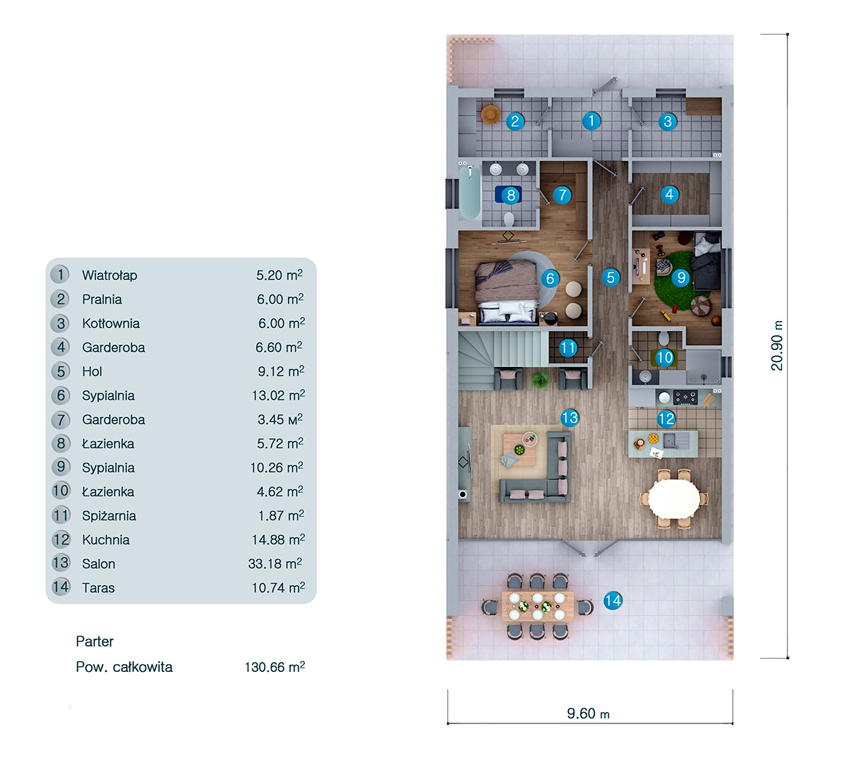 Proiect de casa 195 m²: Parter cu mansardă, 4 Dormitoare, 2 Bai, Bucatarie deschisa