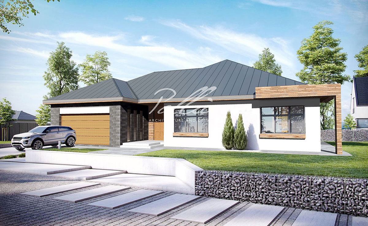 Proiect de casa parter 187 m²: 4 Dormitoare, 3 Bai, Bucatarie deschisa, Garaj