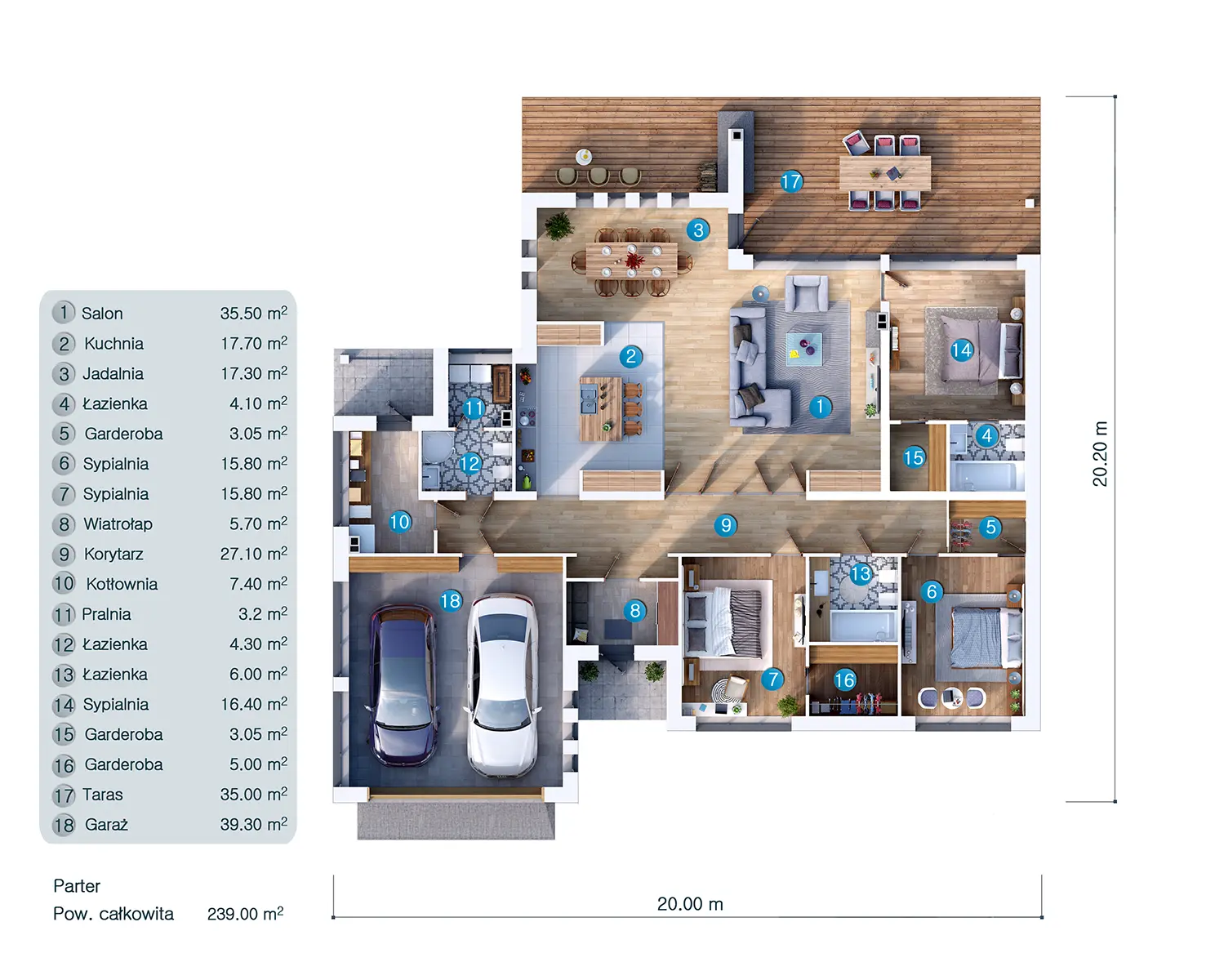Proiect de casa parter 187 m²: 4 Dormitoare, 3 Bai, Bucatarie deschisa, Garaj