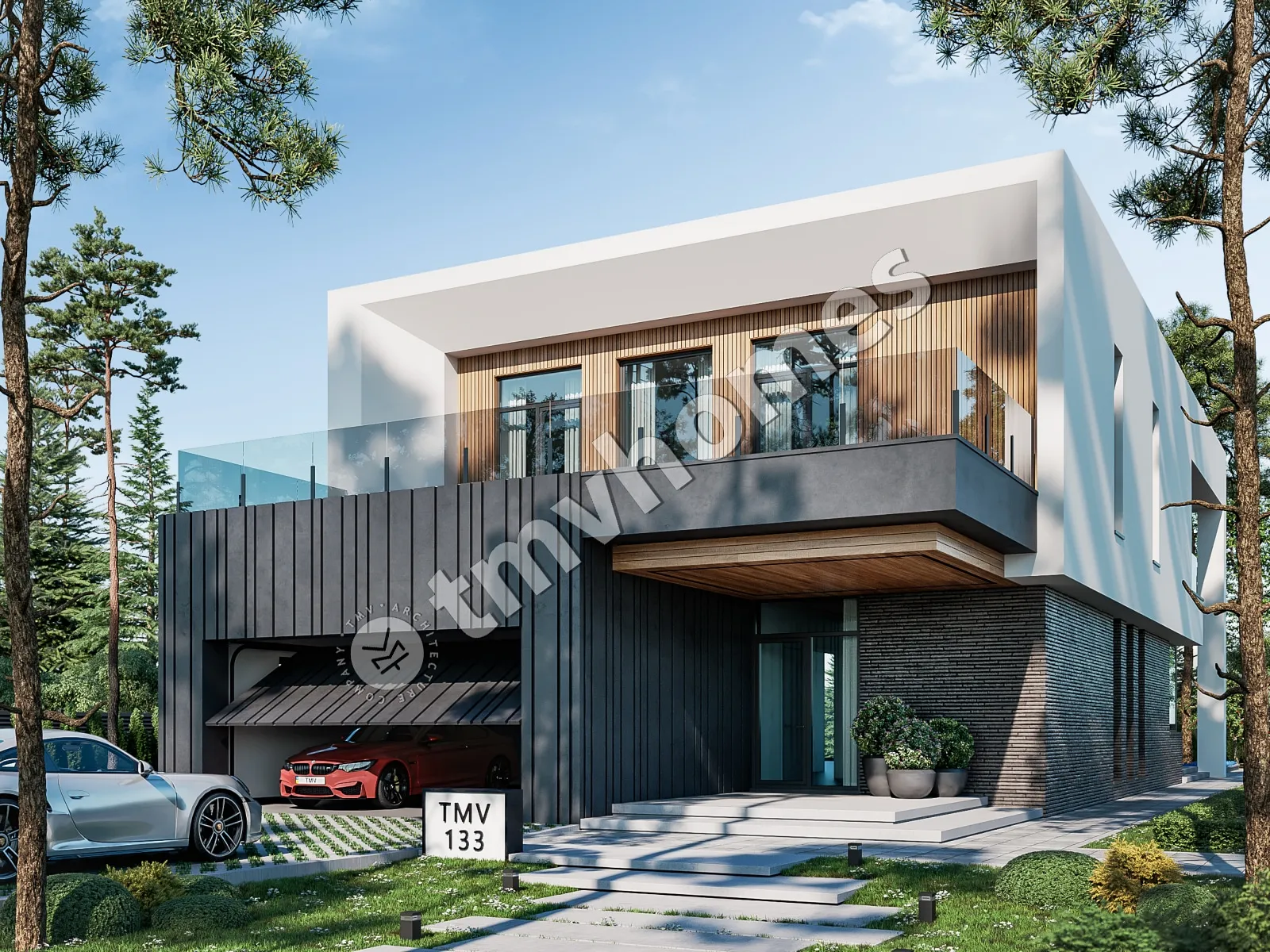 Proiect de casa cu etaj 415 m²: 3 Dormitoare, Birou, 4 Bai, Bucatarie deschisa, Garaj
