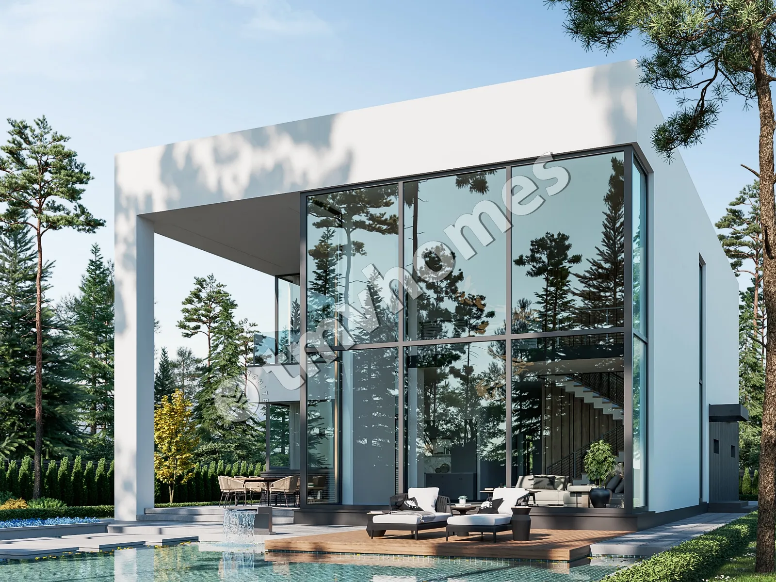 Proiect de casa cu etaj 415 m²: 3 Dormitoare, Birou, 4 Bai, Bucatarie deschisa, Garaj
