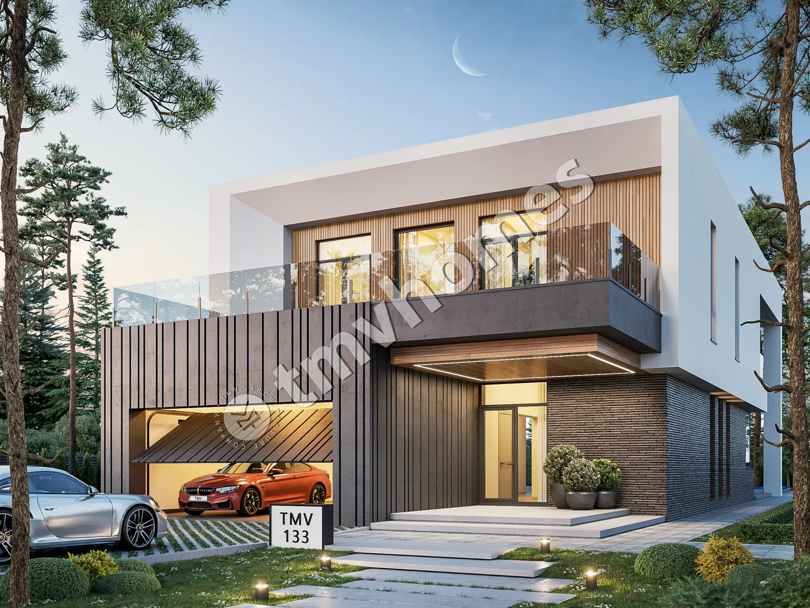 Proiect de casa cu etaj 415 m²: 3 Dormitoare, Birou, 4 Bai, Bucatarie deschisa, Garaj