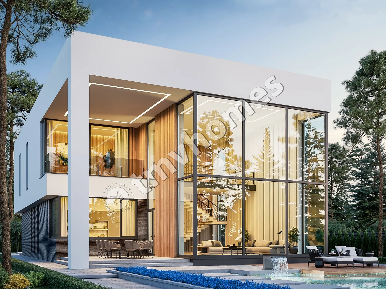 Proiect de casa cu etaj 415 m²: 3 Dormitoare, Birou, 4 Bai, Bucatarie deschisa, Garaj