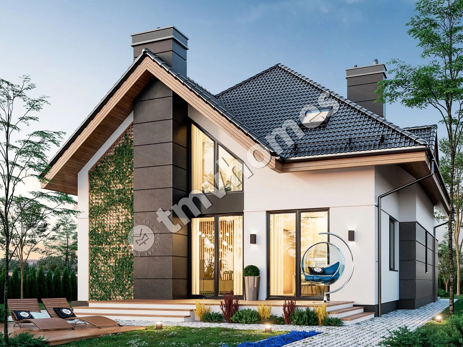 Proiect de casa parter cu mansardă 225 m²: 3 Dormitoare, Birou, 3 Bai, Bucatarie deschisa, Garaj