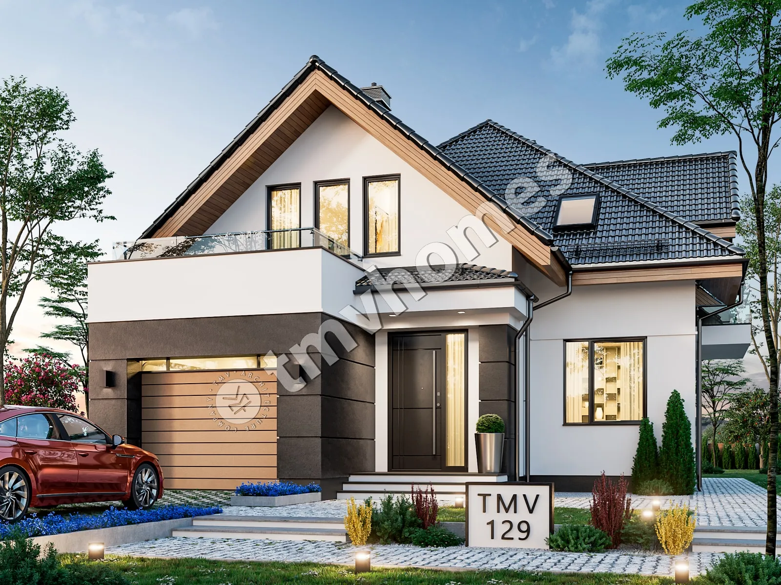 Proiect de casa parter cu mansardă 225 m²: 3 Dormitoare, Birou, 3 Bai, Bucatarie deschisa, Garaj