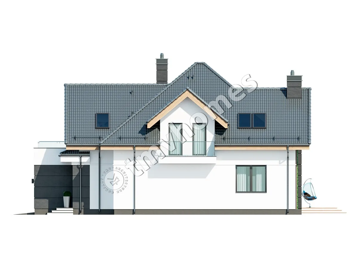 Proiect de casa parter cu mansardă 225 m²: 3 Dormitoare, Birou, 3 Bai, Bucatarie deschisa, Garaj