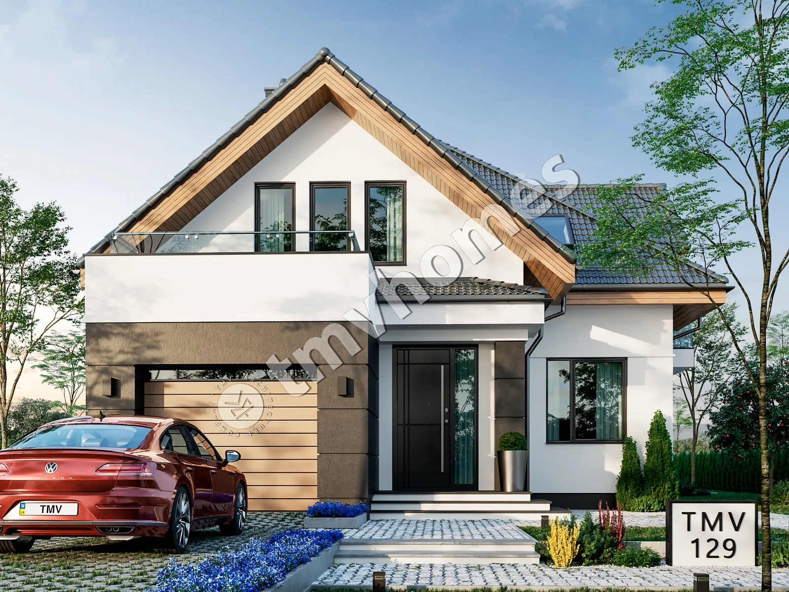 Proiect de casa parter cu mansardă 225 m²: 3 Dormitoare, Birou, 3 Bai, Bucatarie deschisa, Garaj
