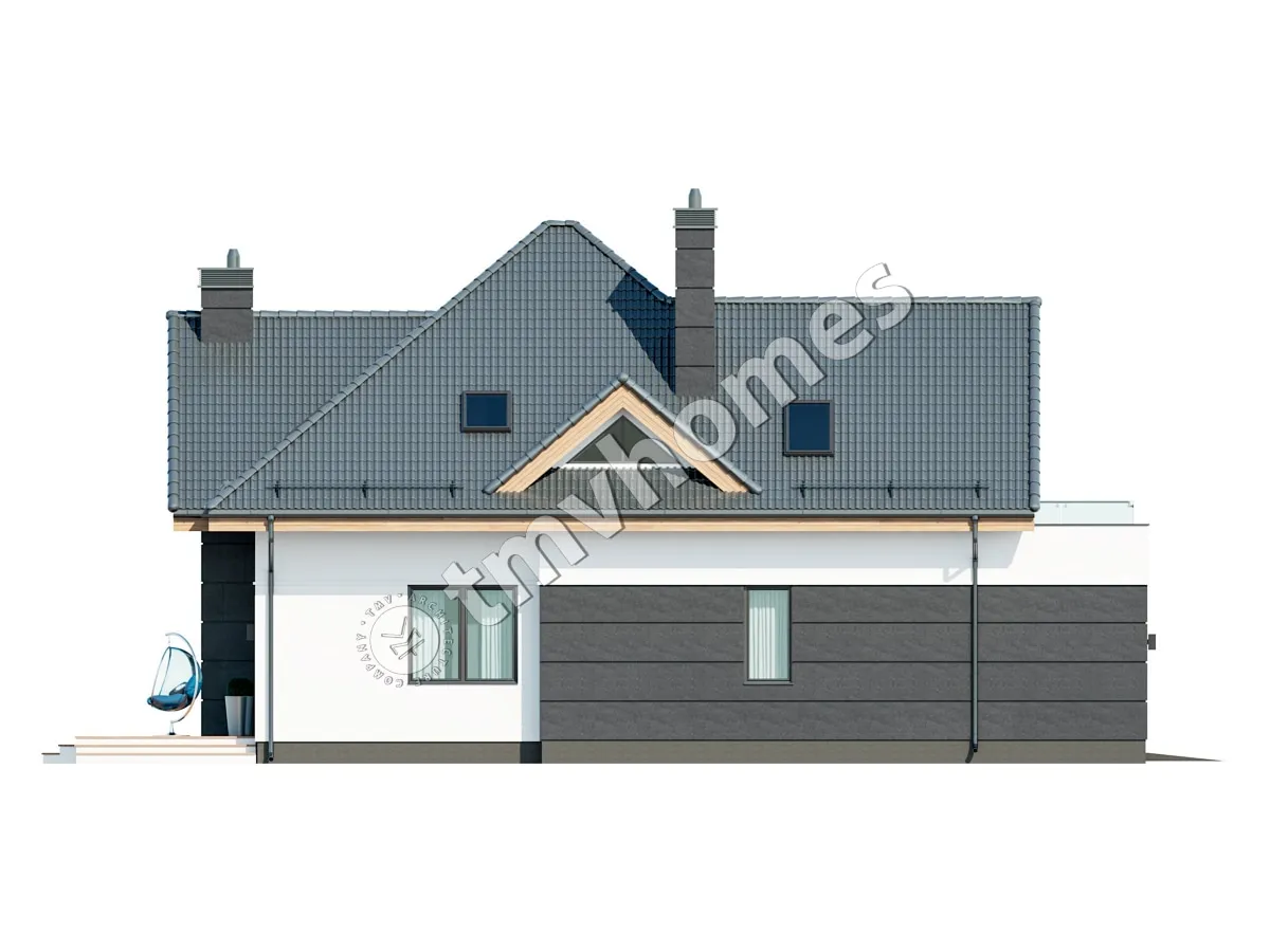 Proiect de casa parter cu mansardă 225 m²: 3 Dormitoare, Birou, 3 Bai, Bucatarie deschisa, Garaj