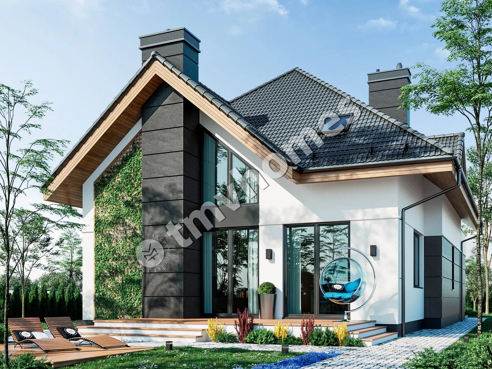 Proiect de casa parter cu mansardă 225 m²: 3 Dormitoare, Birou, 3 Bai, Bucatarie deschisa, Garaj