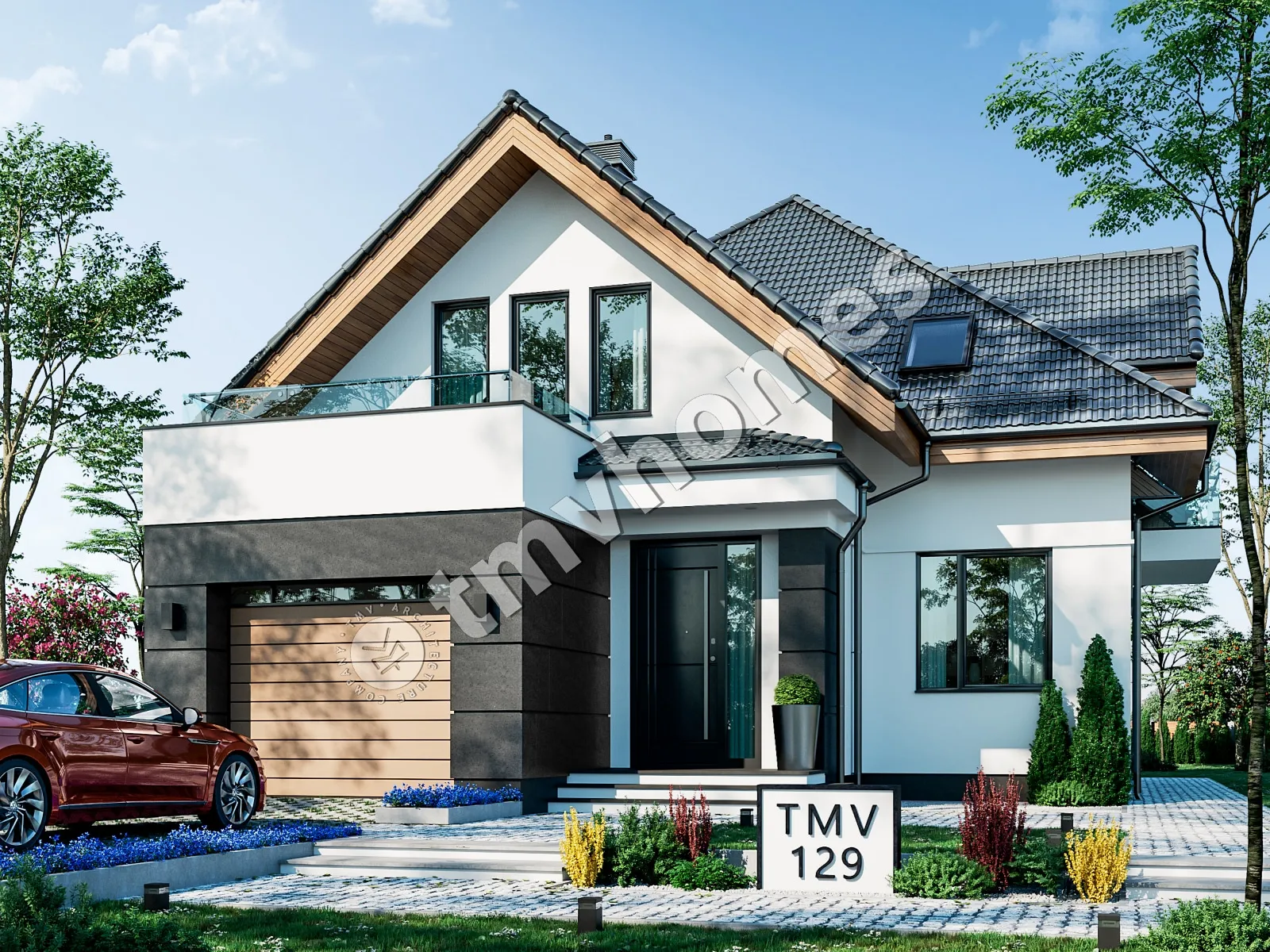 Proiect de casa parter cu mansardă 225 m²: 3 Dormitoare, Birou, 3 Bai, Bucatarie deschisa, Garaj