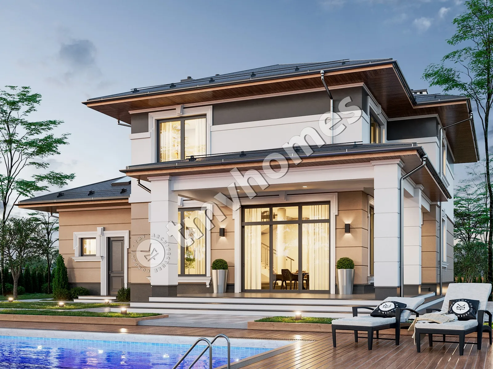 Proiect de casa cu etaj 332 m²: 3 Dormitoare, 3 Bai, Bucatarie deschisa, Garaj