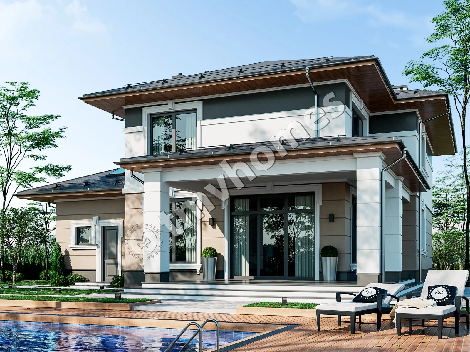 Proiect de casa cu etaj 332 m²: 3 Dormitoare, 3 Bai, Bucatarie deschisa, Garaj