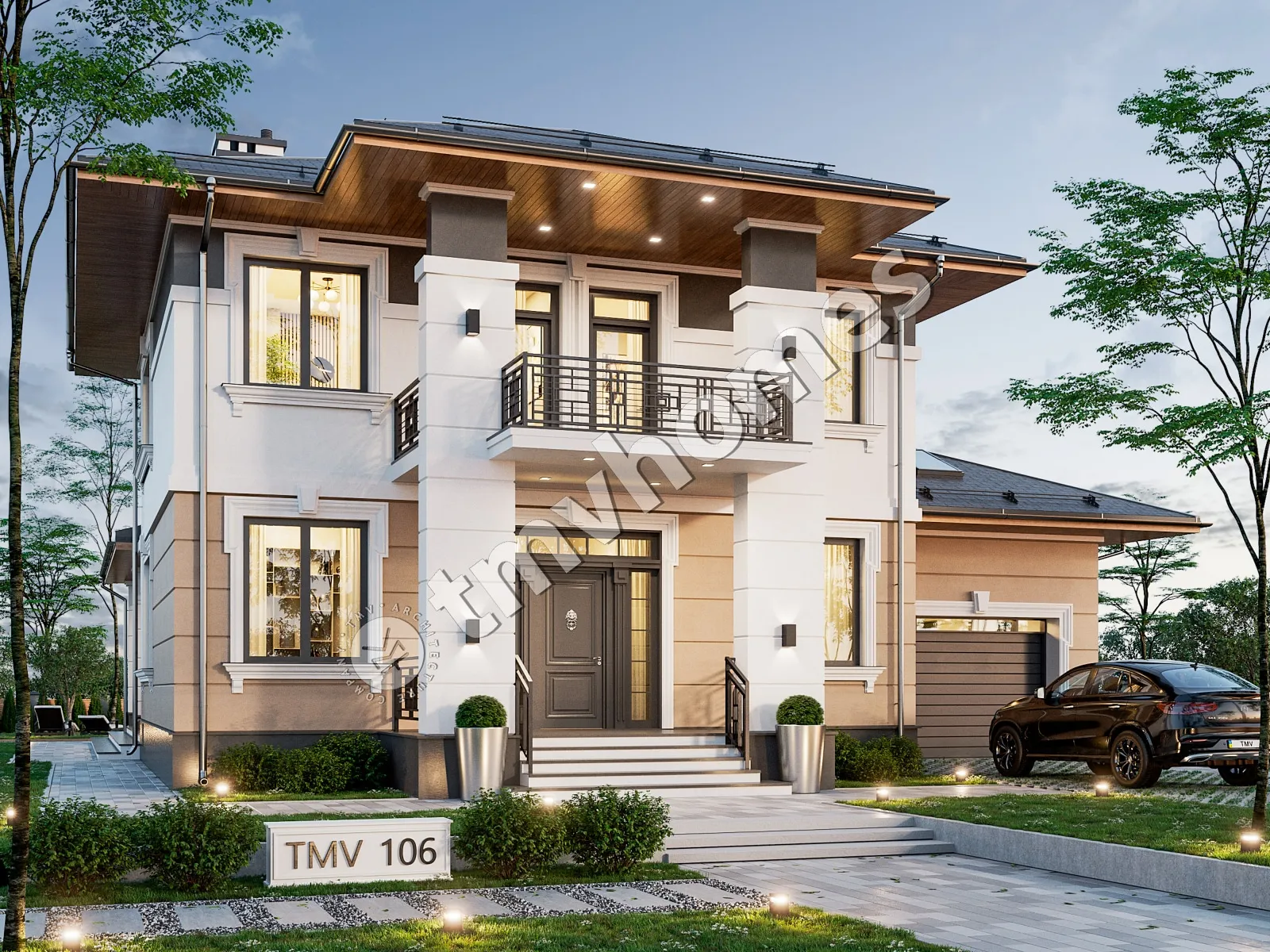 Proiect de casa cu etaj 332 m²: 3 Dormitoare, 3 Bai, Bucatarie deschisa, Garaj