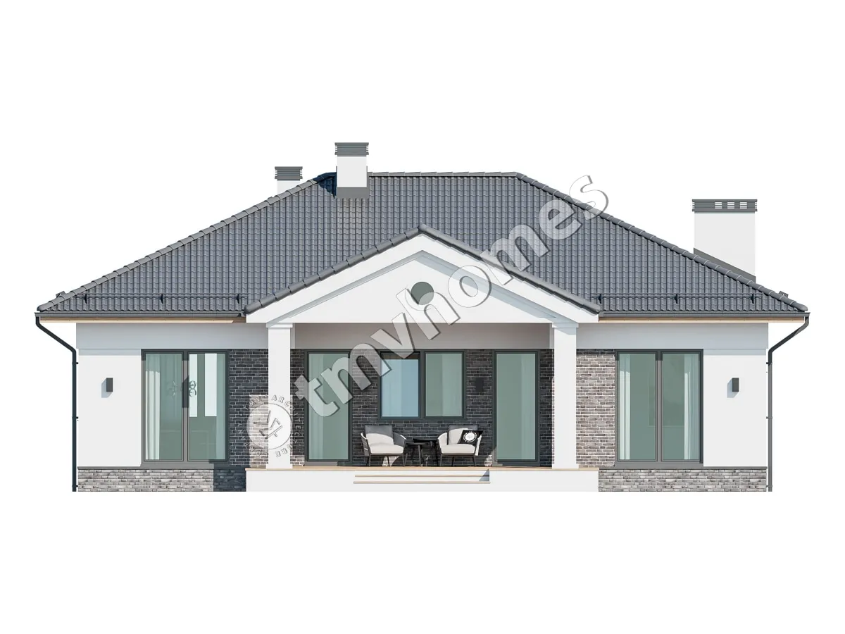 Proiect de casa parter 111 m²: 3 Dormitoare, 2 Bai, Bucatarie deschisa, fara Garaj