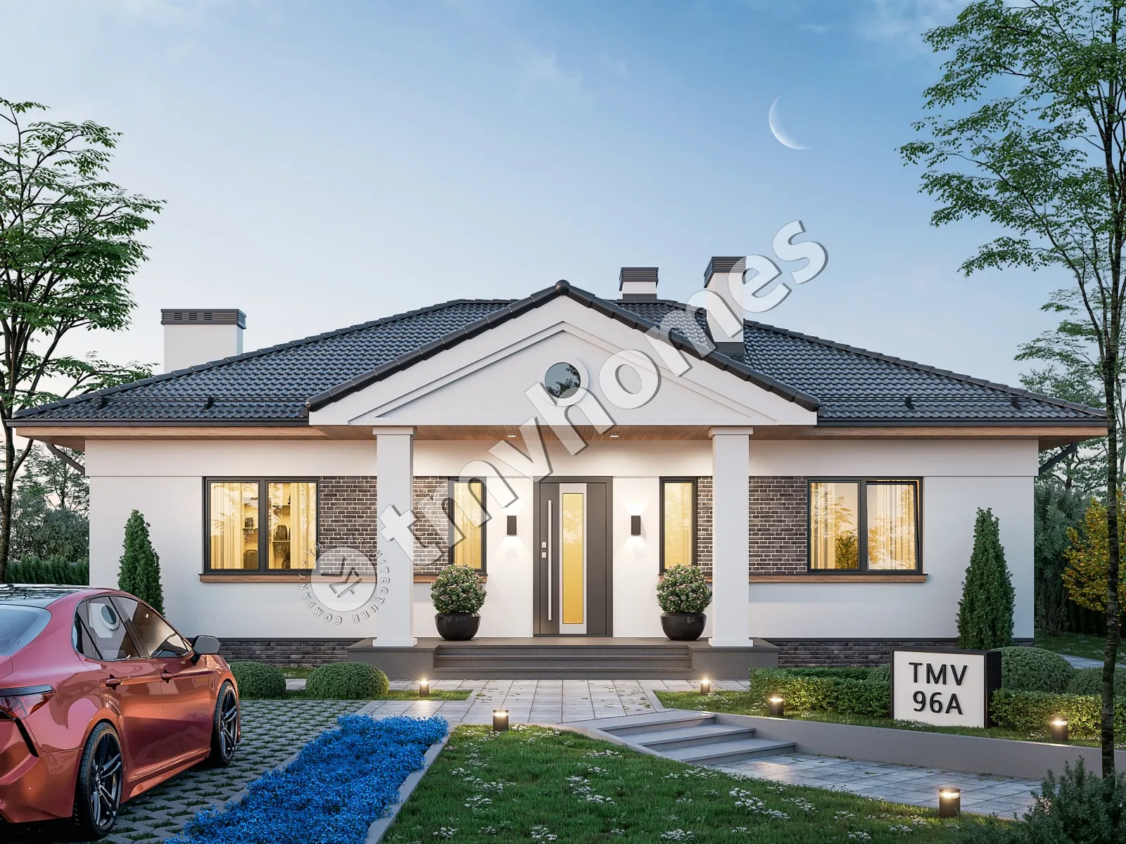 Proiect de casa parter 111 m²: 3 Dormitoare, 2 Bai, Bucatarie deschisa, fara Garaj