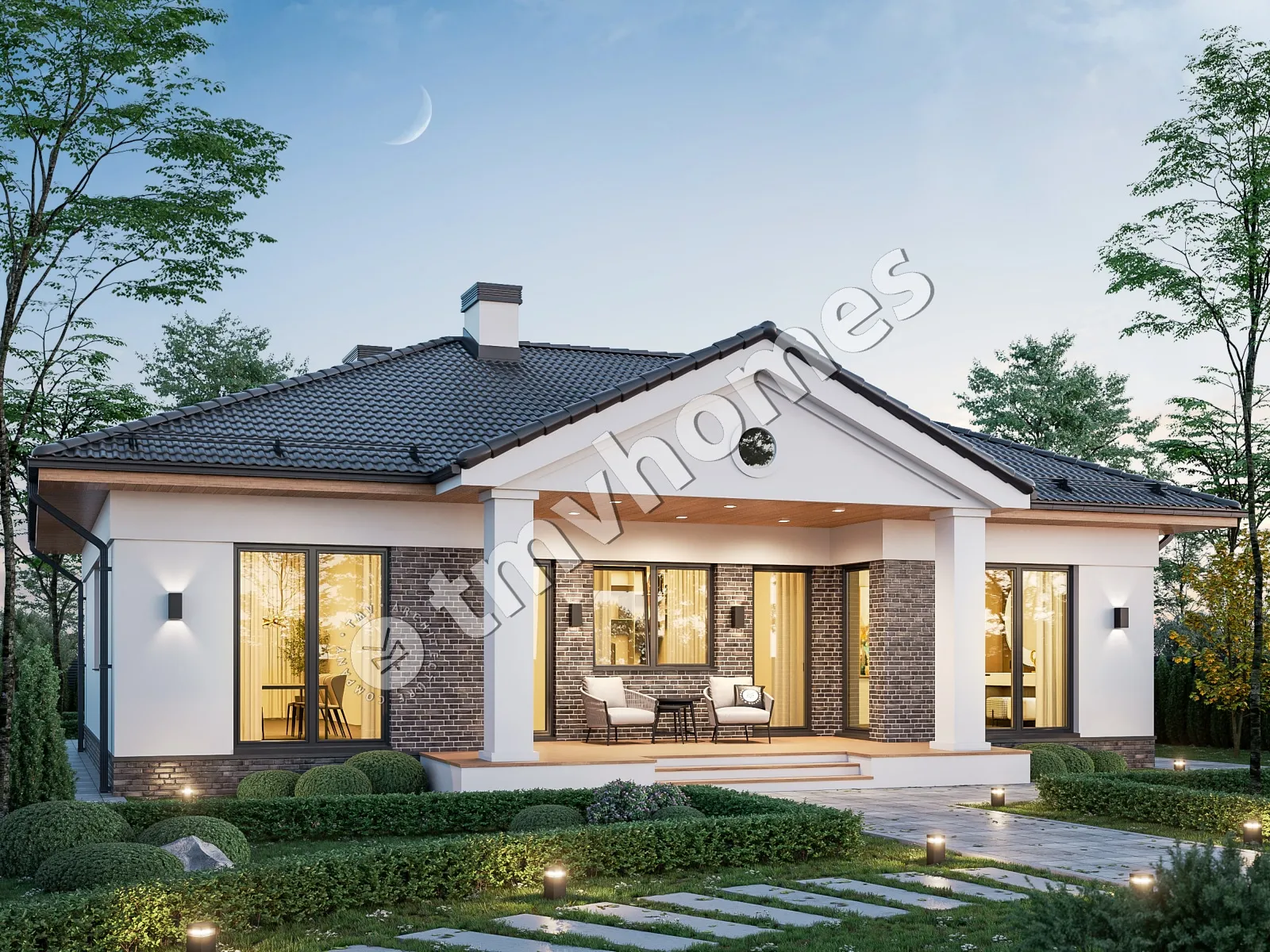 Proiect de casa parter 111 m²: 3 Dormitoare, 2 Bai, Bucatarie deschisa, fara Garaj