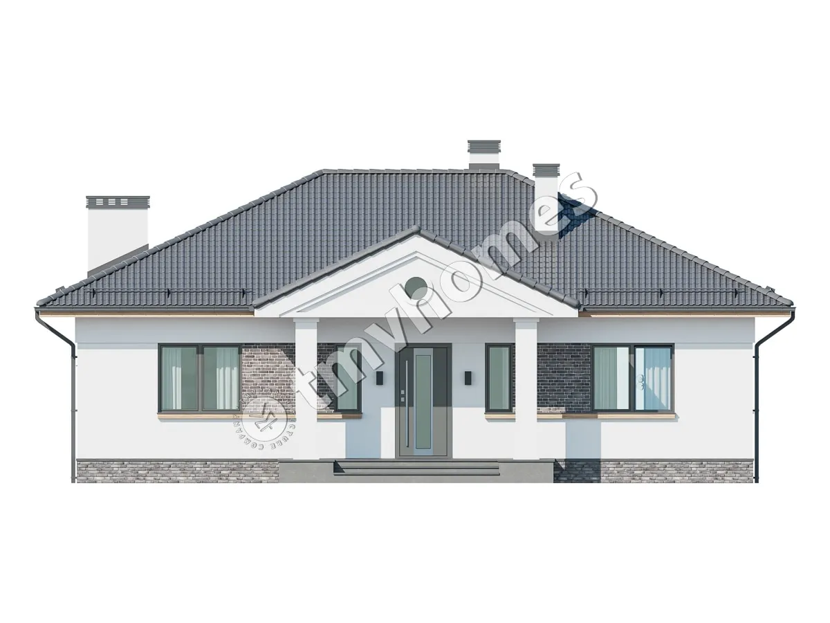 Proiect de casa parter 111 m²: 3 Dormitoare, 2 Bai, Bucatarie deschisa, fara Garaj