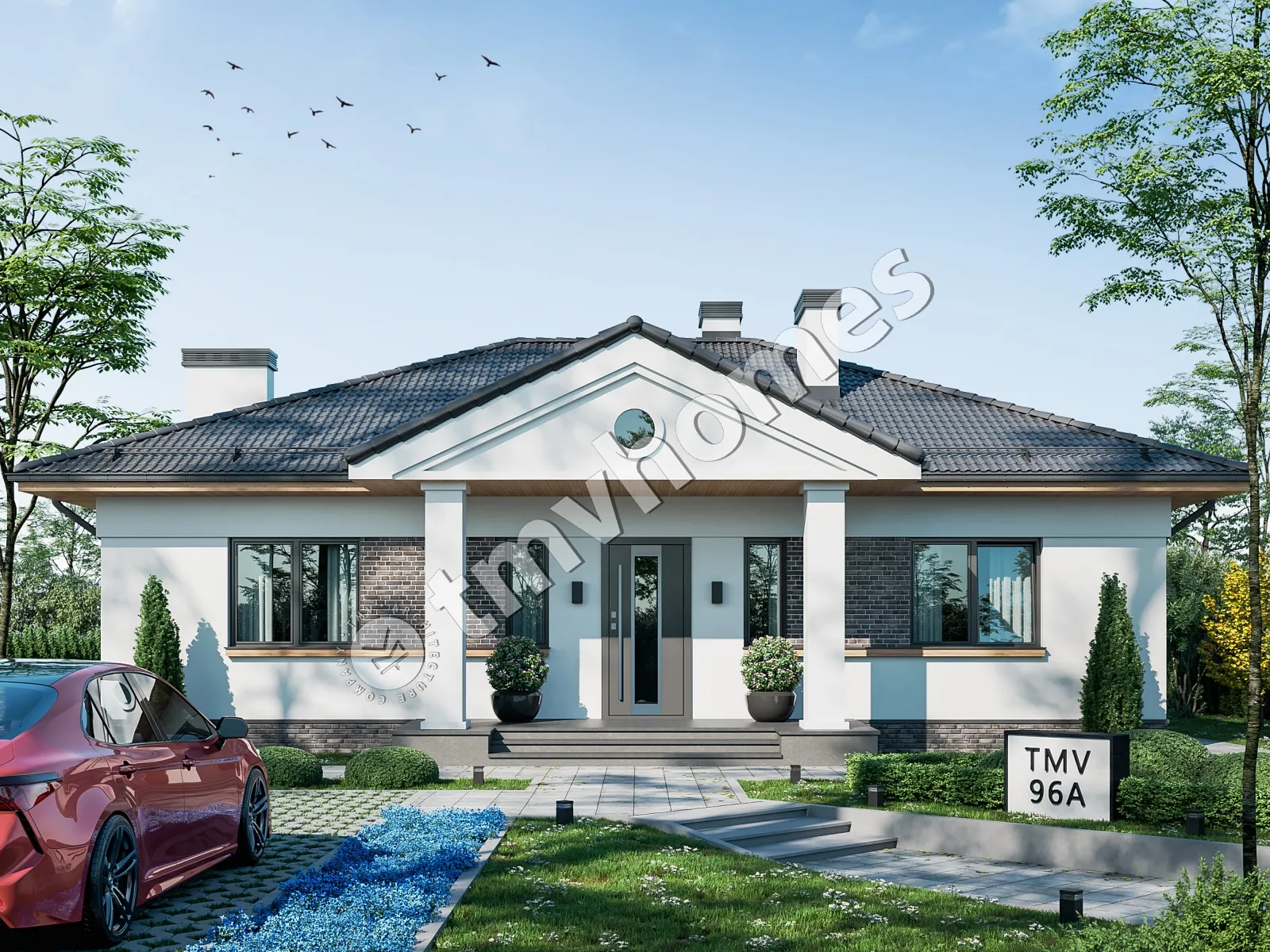 Proiect de casa parter 111 m²: 3 Dormitoare, 2 Bai, Bucatarie deschisa, fara Garaj