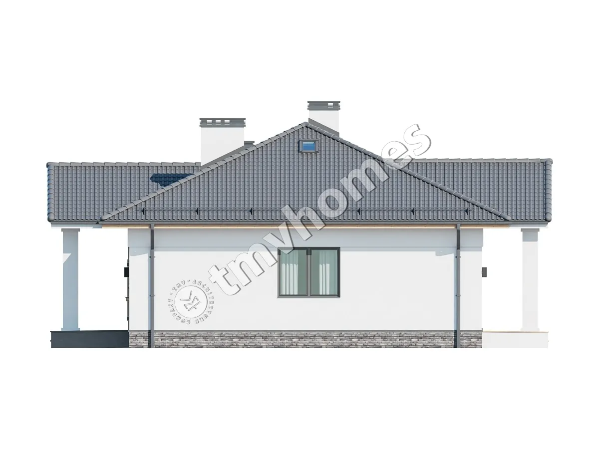 Proiect de casa parter 111 m²: 3 Dormitoare, 2 Bai, Bucatarie deschisa, fara Garaj