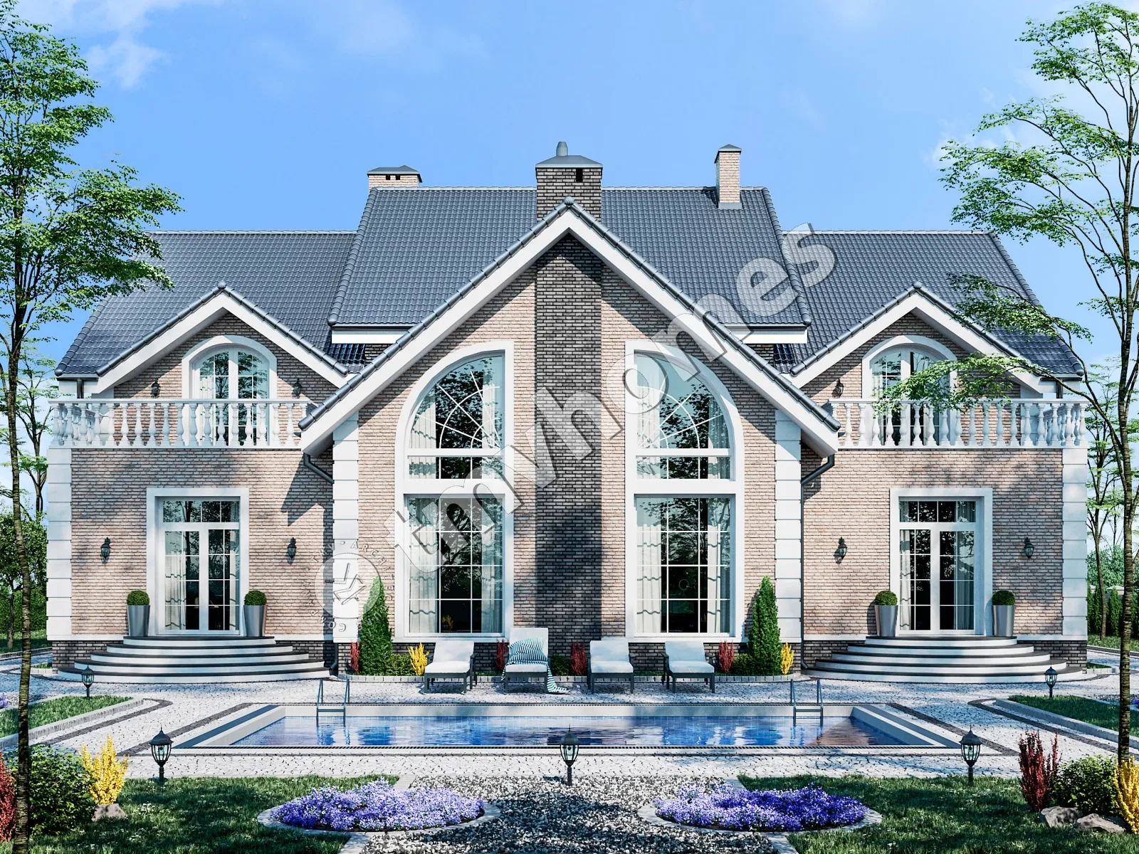 Proiect de casa parter cu mansardă 483 m²: 6 Dormitoare, Birou, 5 Bai, fara Garaj