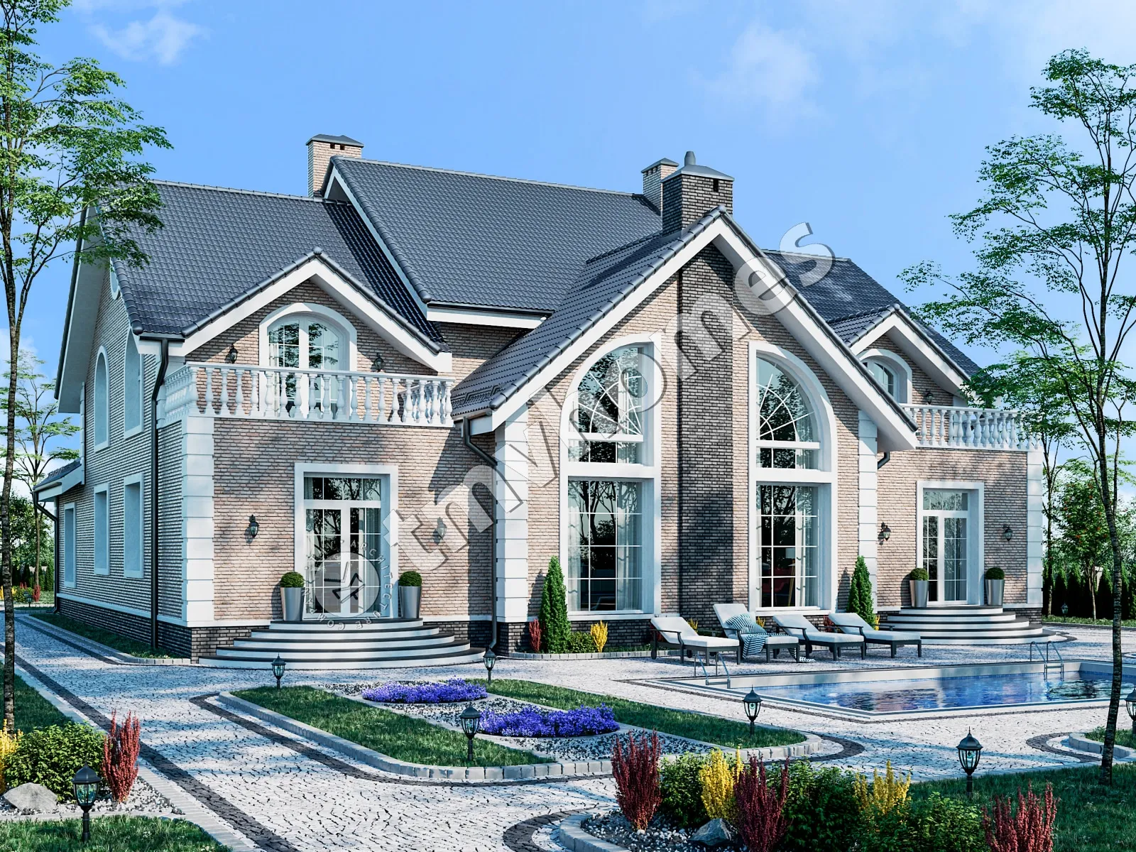 Proiect de casa parter cu mansardă 483 m²: 6 Dormitoare, Birou, 5 Bai, fara Garaj