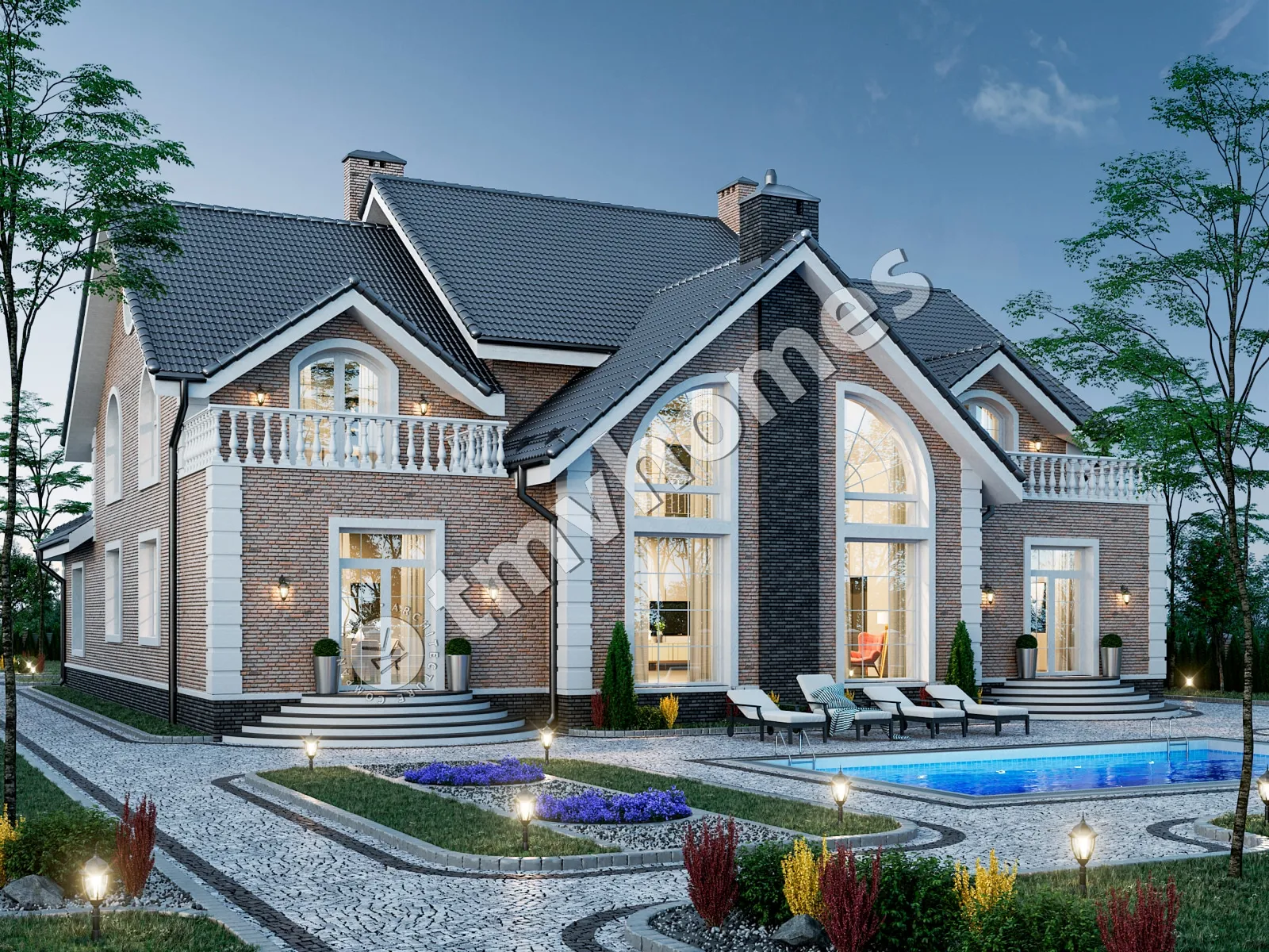 Proiect de casa parter cu mansardă 483 m²: 6 Dormitoare, Birou, 5 Bai, fara Garaj